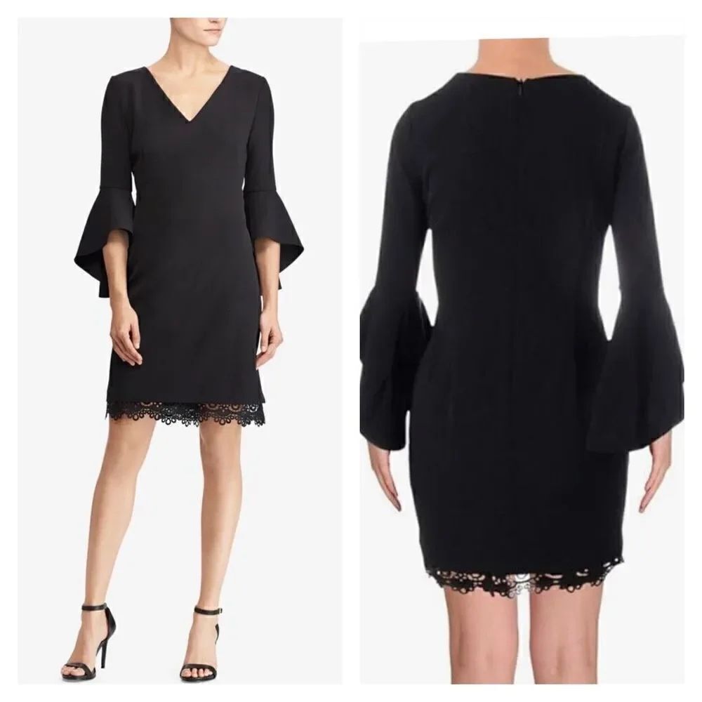 Lauren by Ralph Lauren Crepe Bell-Sleeve Midi Black Dress Size 4 NWT